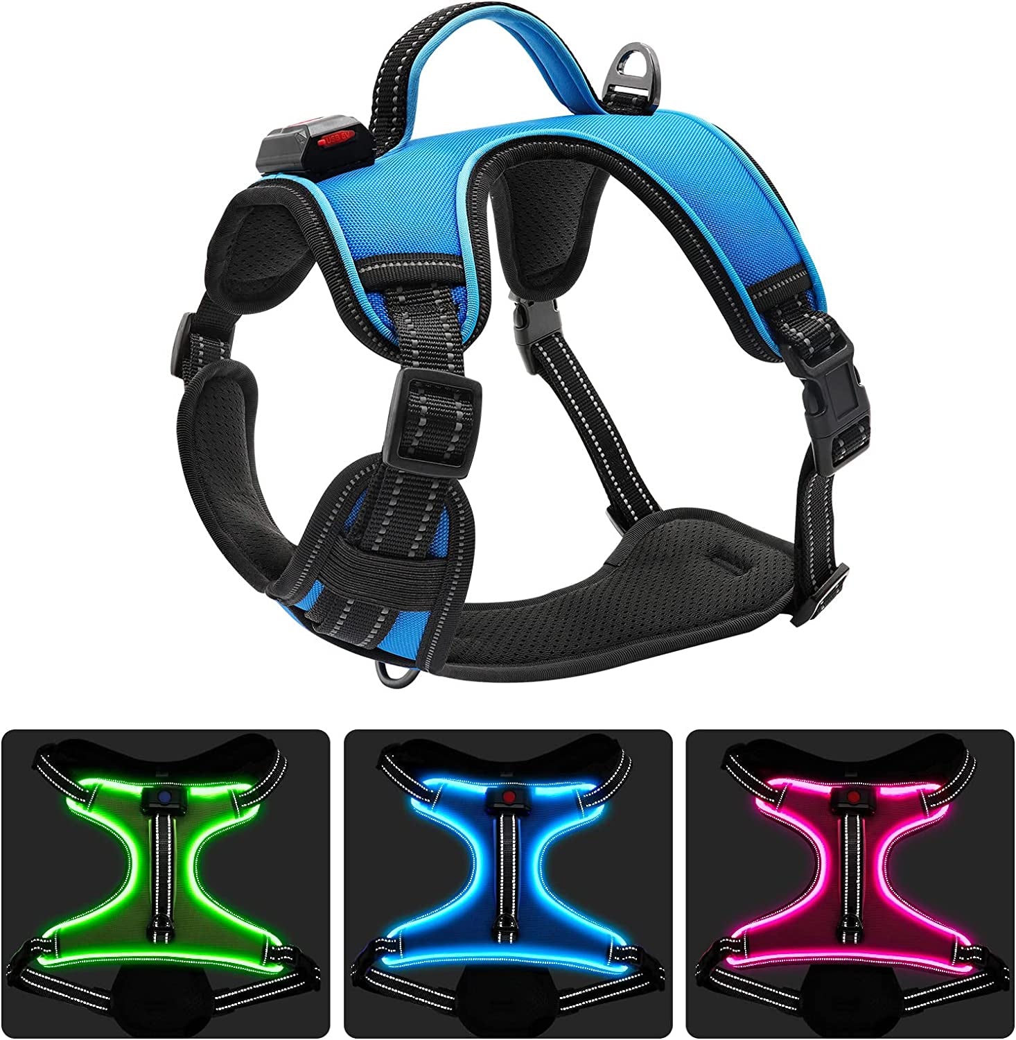 LED Dog Harness- Durable Light up Dog Harness, Reflective Dog Harness Light, Adjustable LED Dog Coat for Small, Medium and Large Dogs (Large, Blue)